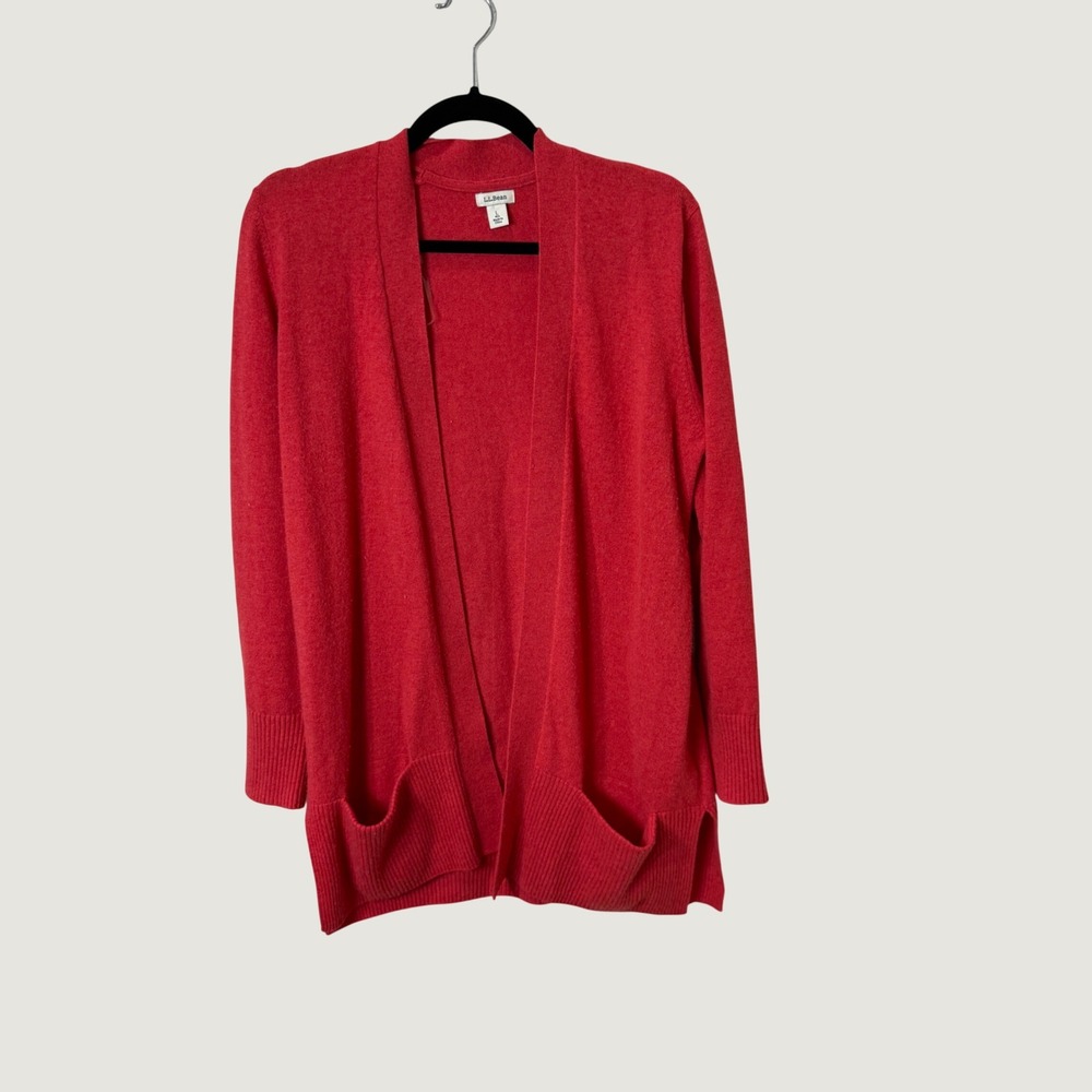 LL Bean Cashmere Cardigan Sweater Red Open Front Large Preppy Fall Layering